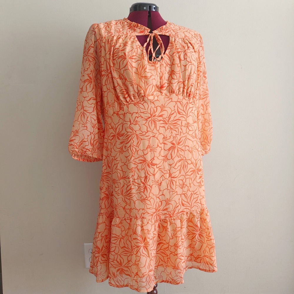 Marissa Olivia Orange Floral Chiffon Ruffle Mini Dress Womens Large 3/4 Sleeve